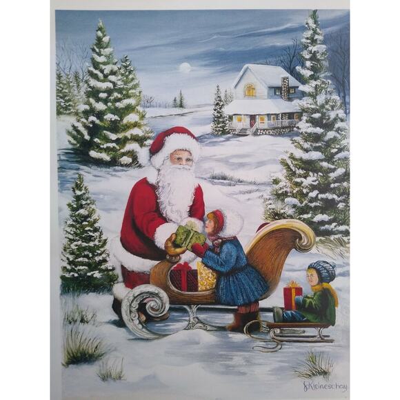Santa Claus Sled Children Vintage Christmas Art Print J Kleineschay Winter Snow - Picture 3 of 7